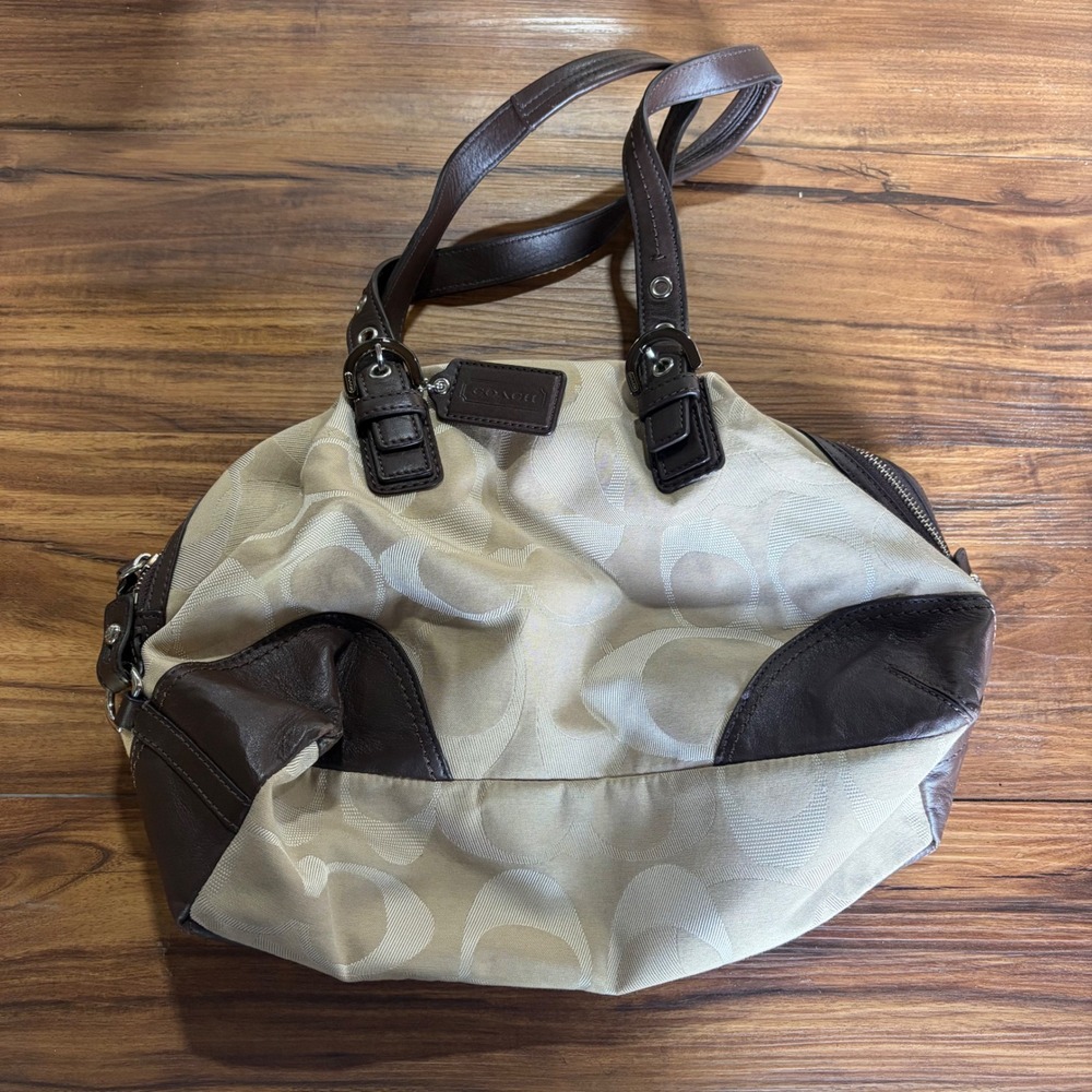 VTG Coach Signature Canvas Satchel Khaki Brown Leather Trim Handbag F17094